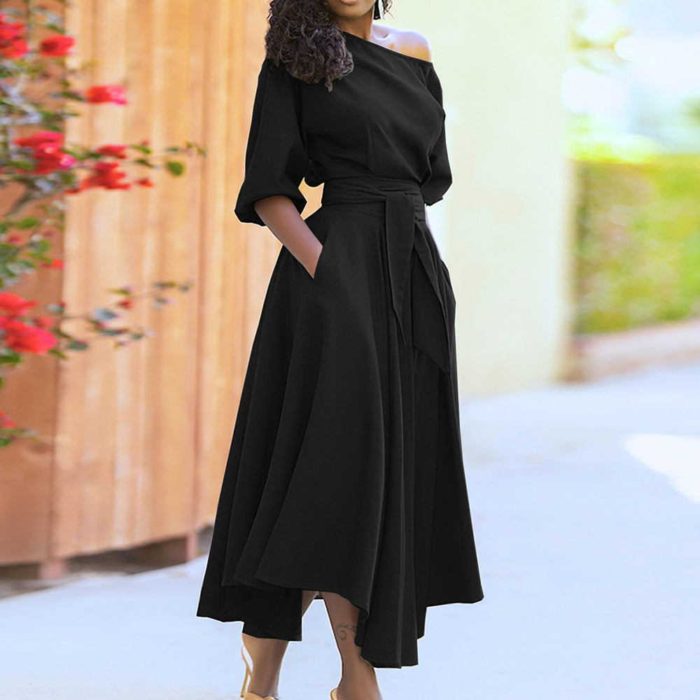 Damen Maxi-Kleid Asymmetrisch Mit Taschen Eveloria