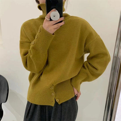 Damen Rollkragenpullover Kuschelfleece Mit Knöpfen Beige