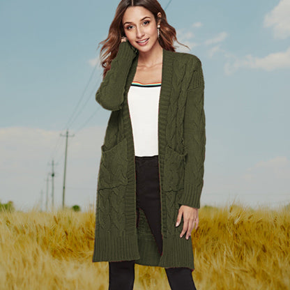 Damen Cardigan Grobstrick Zopfmuster Beige mit Taschen