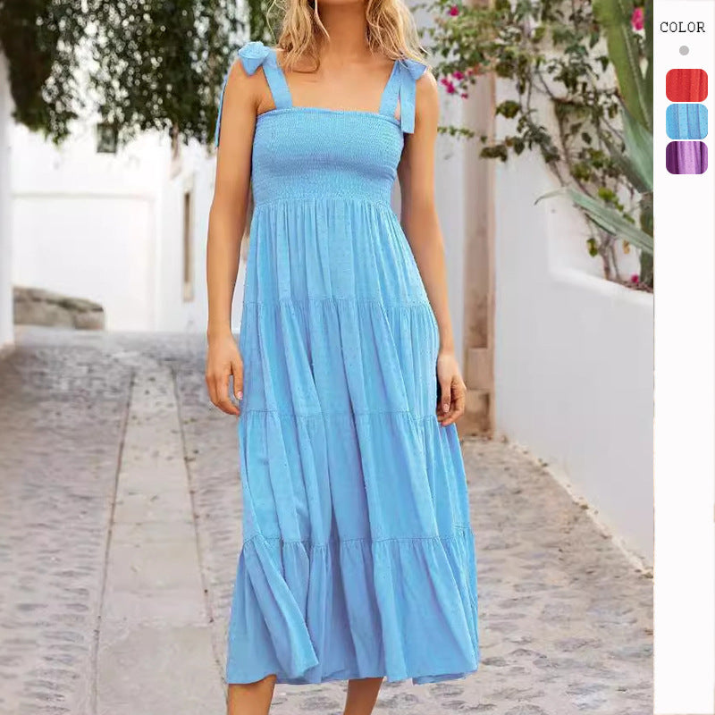 Damen Maxikleid Luftig Rüschendetails Spaghettiträger Eveloria - Eveloria