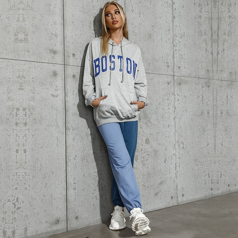 Damen Oversized Kapuzenpullover mit Schriftzug Bequem Grau