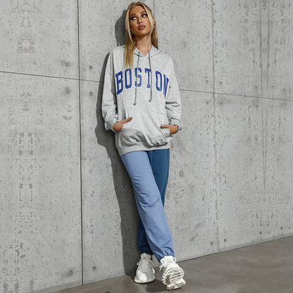 Damen Oversized Kapuzenpullover mit Schriftzug Bequem Grau