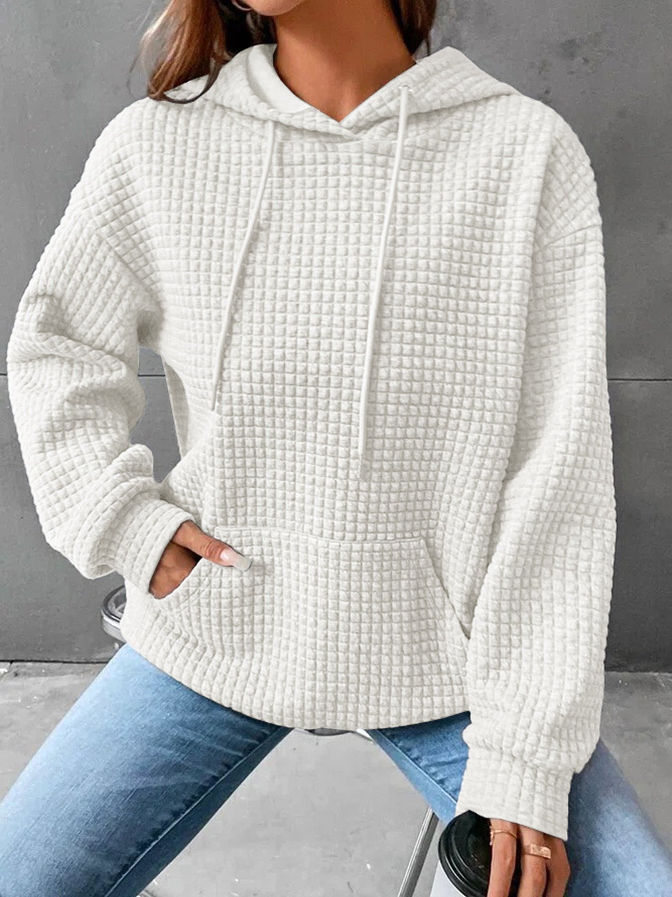 Damen Kapuzenpullover Waffelstruktur mit Kängurutasche Lässig Beige