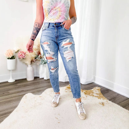 Damen High-Waist Boyfriend-Jeans Destroyed Dunkelblau Eveloria