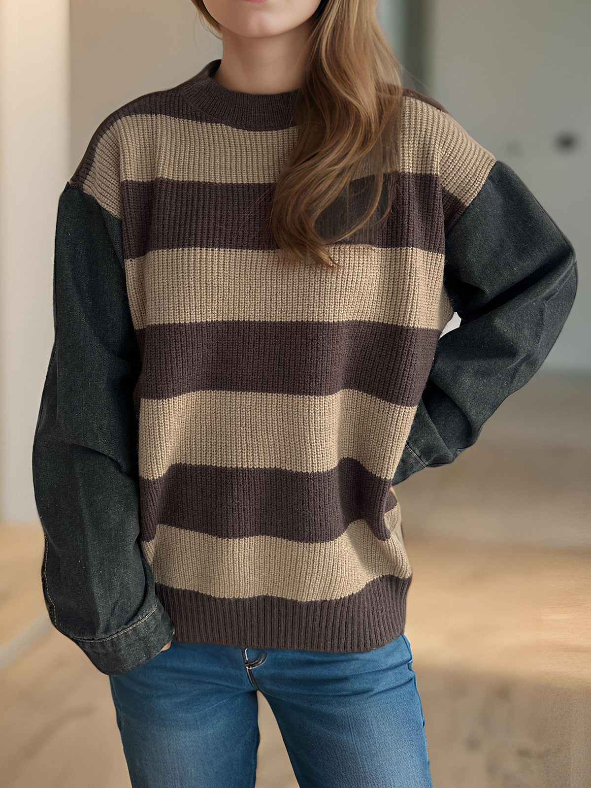 Damen Oversized Pullover Streifen Weiches Baumwoll-Mix Beige