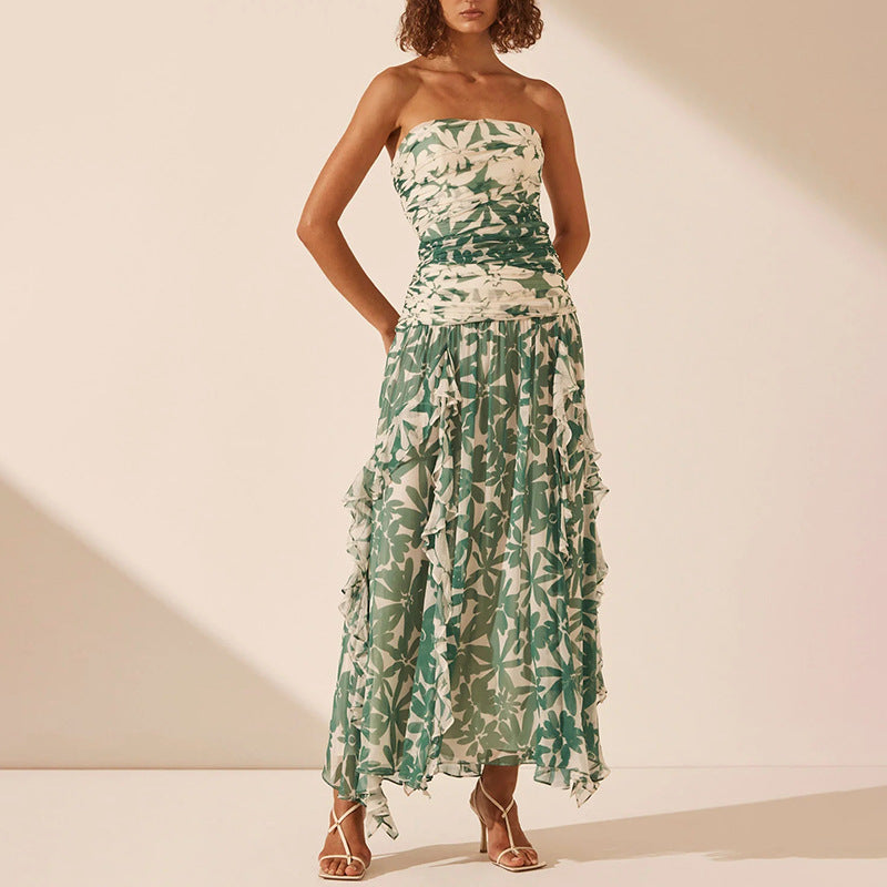 Damen Maxikleid Schulterfrei Rüschen Floral Schwarz - Eveloria