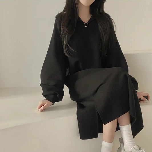 Damen Hoodie-Kleid Lässig Puffärmel Schwarz - Eveloria