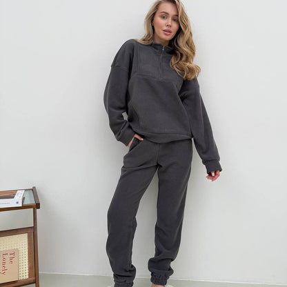 Damen Fleece-Loungewear-Set Halblang Reißverschluss Elastisch