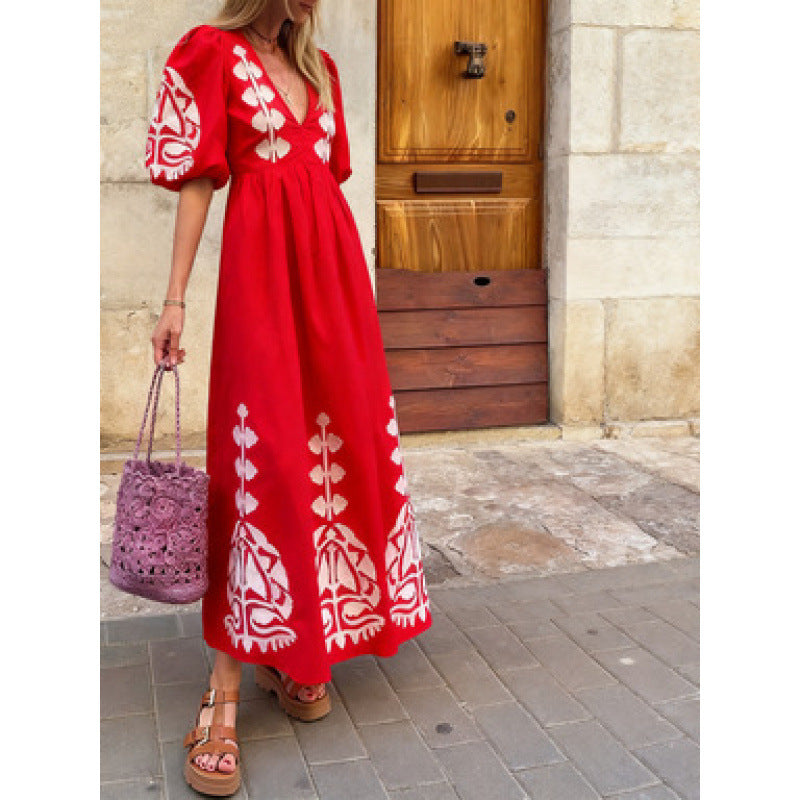 Damen Midikleid Florales Stickdesign Luftige Puffärmel