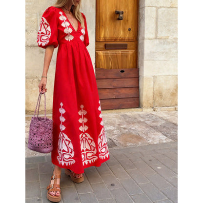 Damen Midikleid Florales Stickdesign Luftige Puffärmel