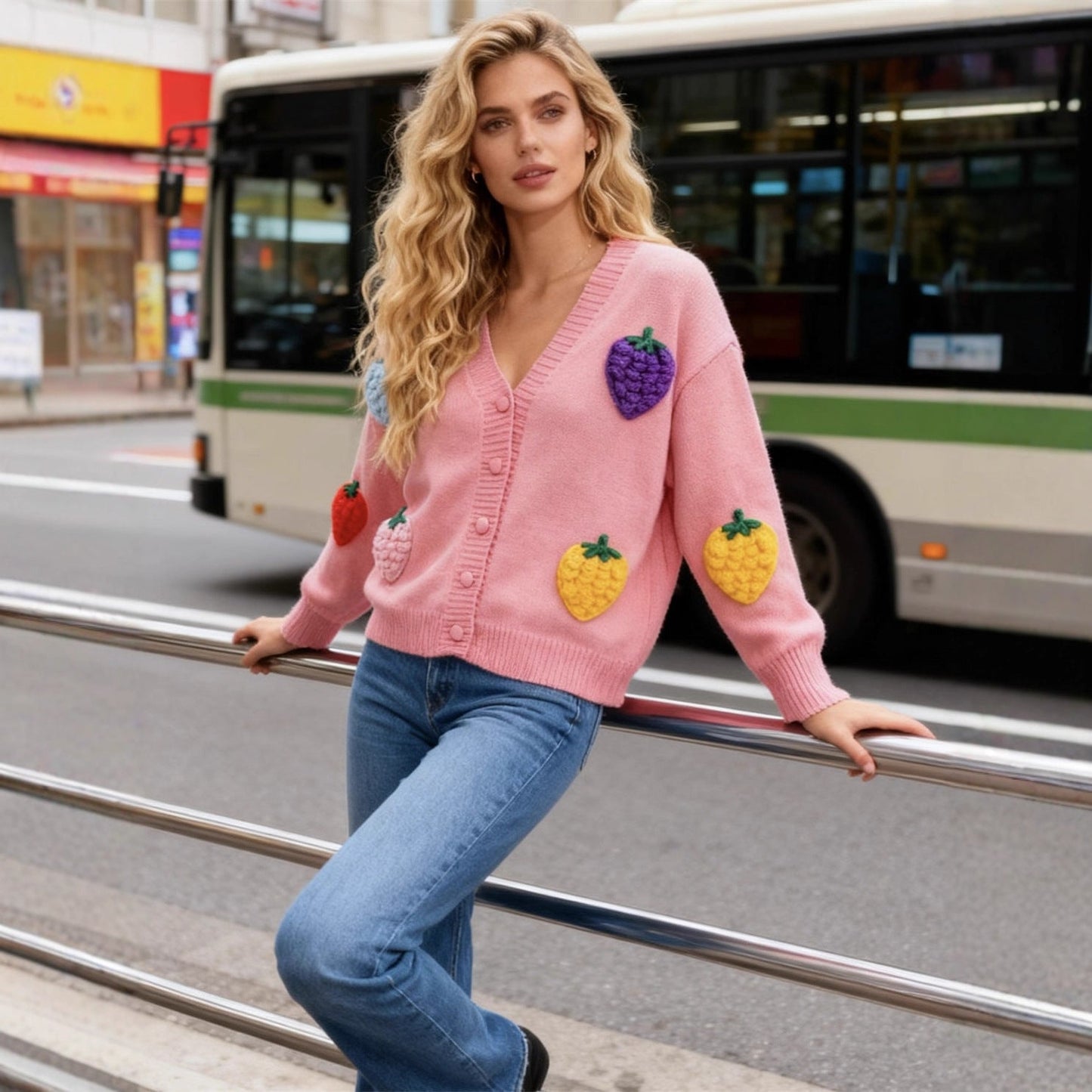 Damen Strickjacke Bunt Fruchtmotiv Eveloria