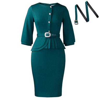 Damen Etuikleid Taillierter Gürtel Peplum Saum Eveloria