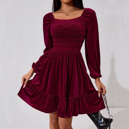 Damen Minikleid Samt Rüschendetails Elastischer Bund Eveloria