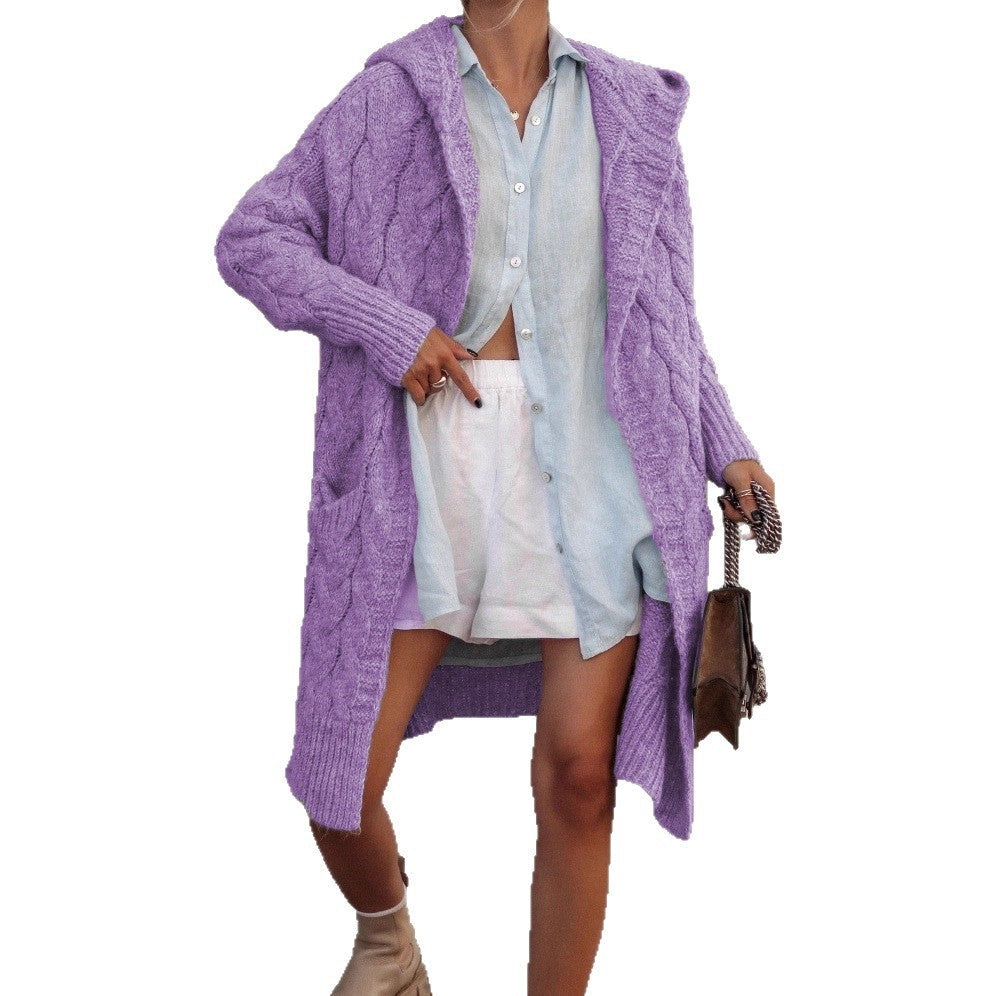 Damen Grobstrickjacke mit Kapuze und Zopfmuster