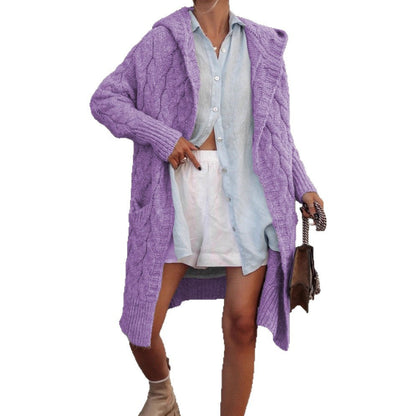 Damen Grobstrickjacke mit Kapuze und Zopfmuster