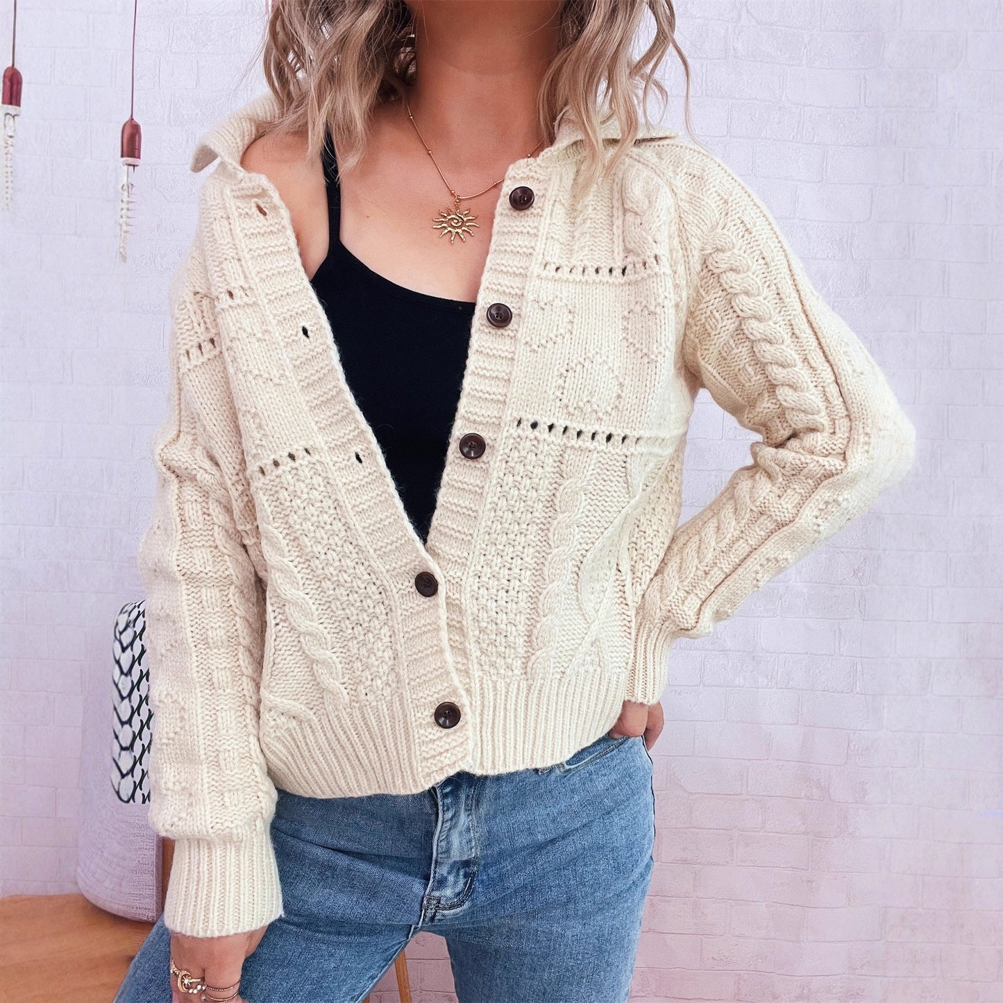 Damen Strickjacke Strukturiertes Zopfdesign Knopfverschluss Eveloria
