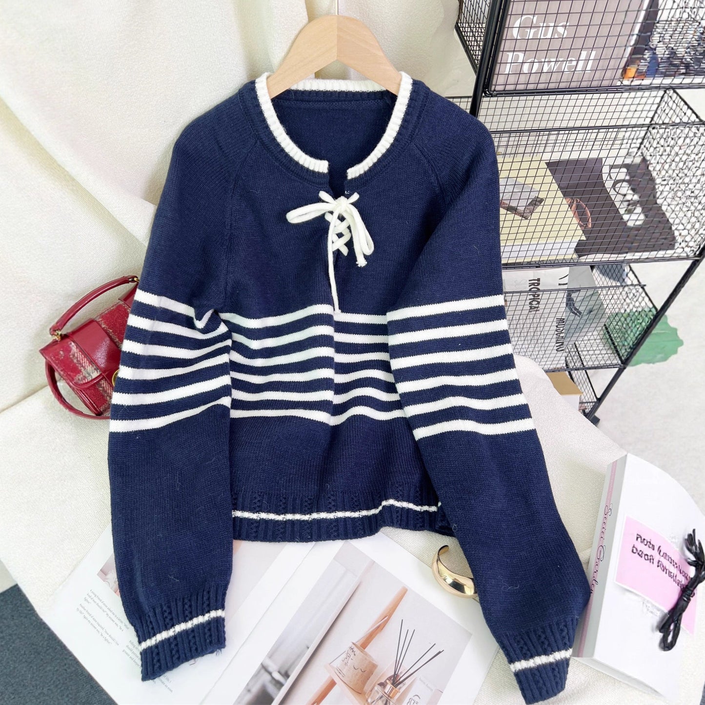 Damen Pullover Streifenmuster Seitlicher Kordelzug Modern Eveloria