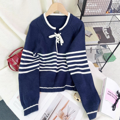 Damen Pullover Streifenmuster Seitlicher Kordelzug Modern Eveloria