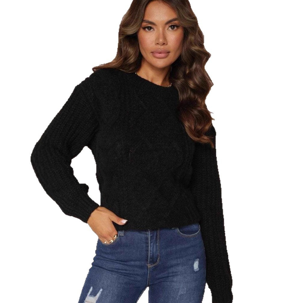 Damen Grobstrickpullover mit Zopfmuster Weite Ärmel Beige