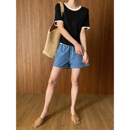 Damen Jeansshorts Elastischer Bund Weite Passform Blau