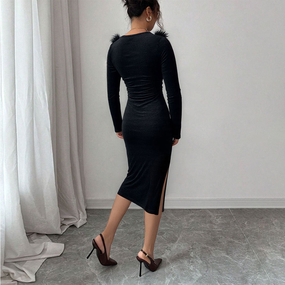 Damen Midi-Kleid Federverzierung Seiten-Schlitz Eveloria
