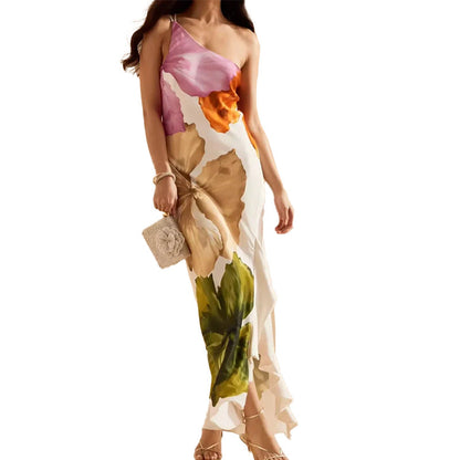 Damen Maxikleid Blumenmuster Asymmetrischer Ausschnitt