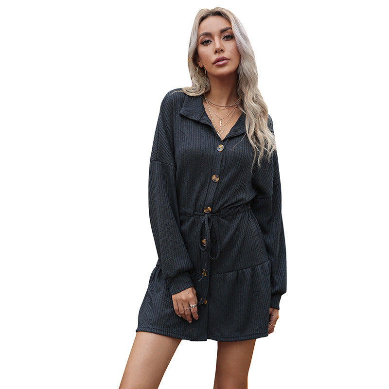 Damen Hemdblusenkleid Knopfverschluss Taillengürtel Blau Eveloria
