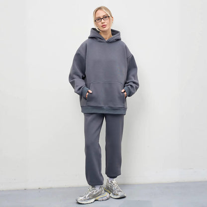Damen Sweat-Set mit Kapuze Weites Cut Grau Eveloria