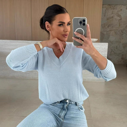 Damen Strickpullover V-Ausschnitt Strukturiert Anthrazit Eveloria