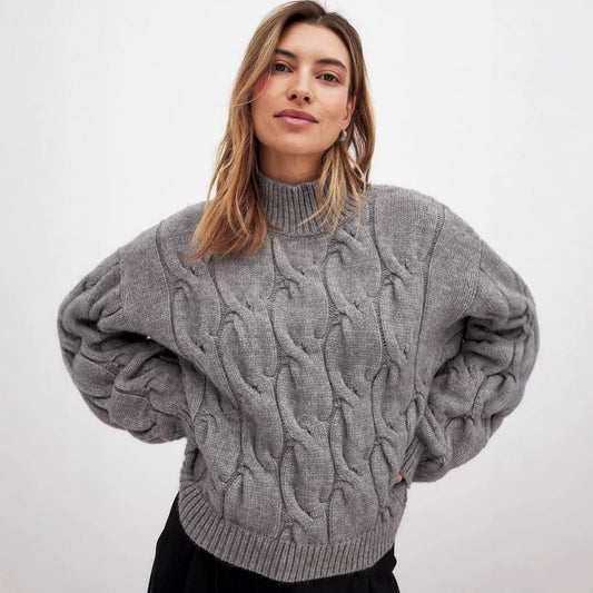 Damen Grobstrickpullover Hohler Kragen Zopfdesign Beige - Eveloria