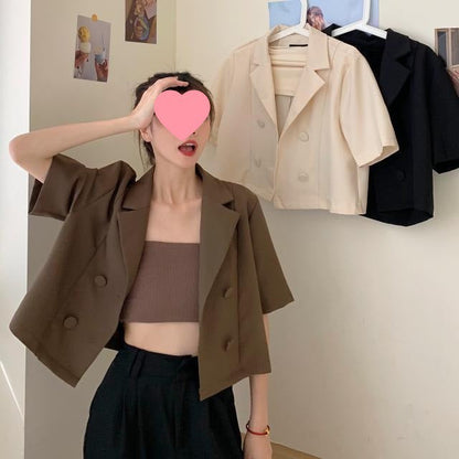 Damen Kurzblazer Doppelter Knopfleiste Modischer Schnitt Schwarz - Eveloria