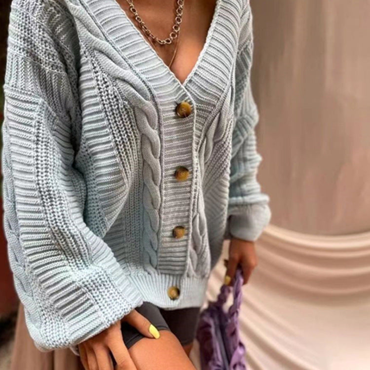Damen Strickjacke V-Ausschnitt Großknöpfe Eveloria