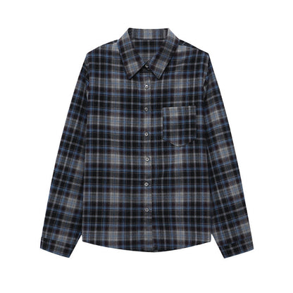 Damen Karierte Bluse Elegante Details Baumwolle Blau