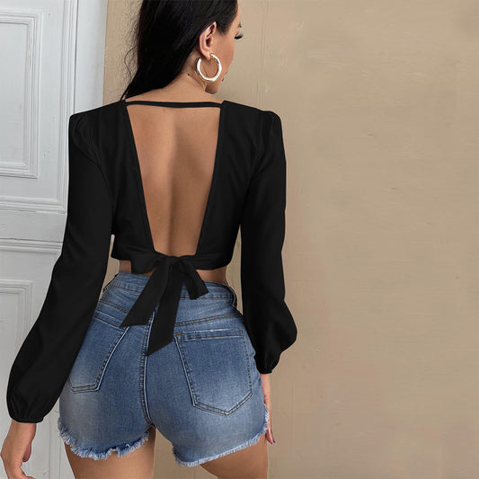 Damen Cropped mit V-Ausschnitt und Puffärmeln Eveloria - Eveloria