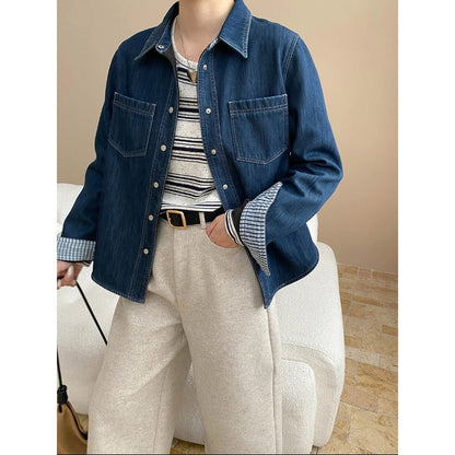 Damen Denimjacke Lässig Aufgesetzte Taschen Blau Eveloria - Eveloria