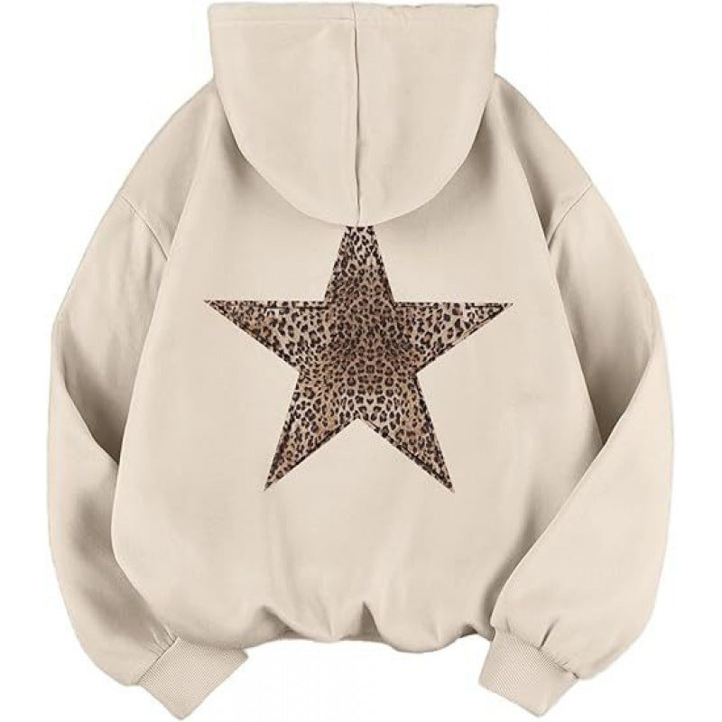 Damen Kapuzensweater Leopardstern-Design Baumwolle Entspannt