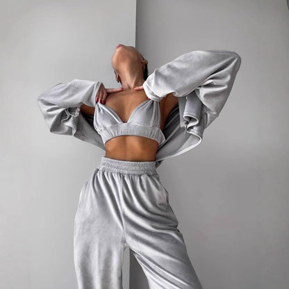 Damen Fleece-Set Hochgeschlossener Reißverschluss Weite Beine Grau