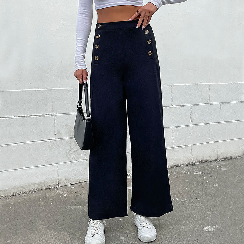 Damen Palazzo-Hose Weite Passform Dekorative Knöpfe