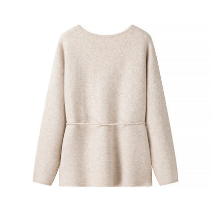 Damen Strickjacke Kuschelig Mit Bindegürtel Beige