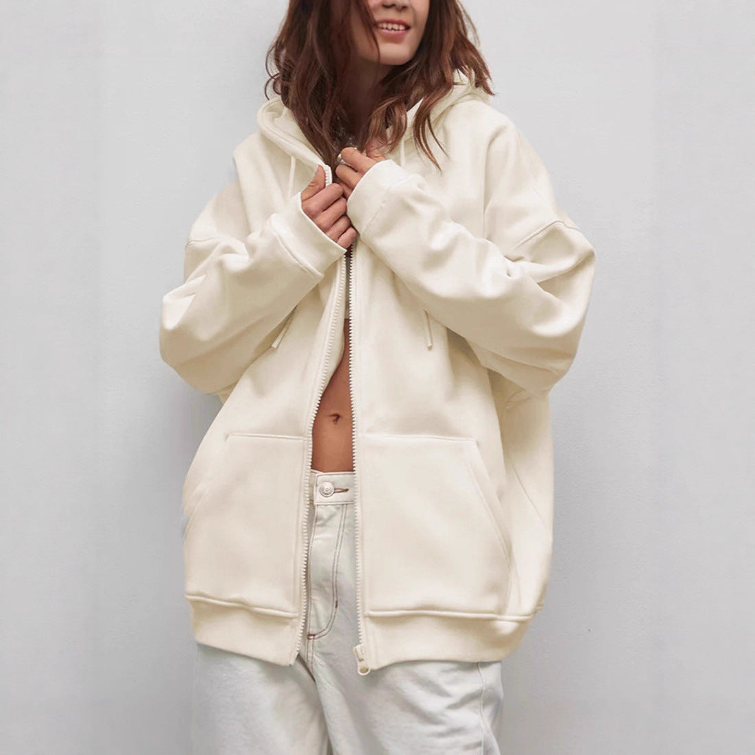 Damen Kapuzenpullover Weite Passform Baumwolle Beige