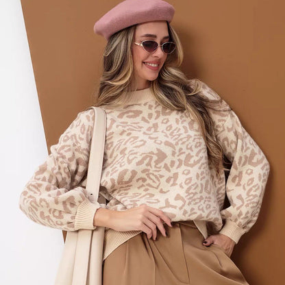 Damen Grobstrickpullover Leo-Design Lässig Beige