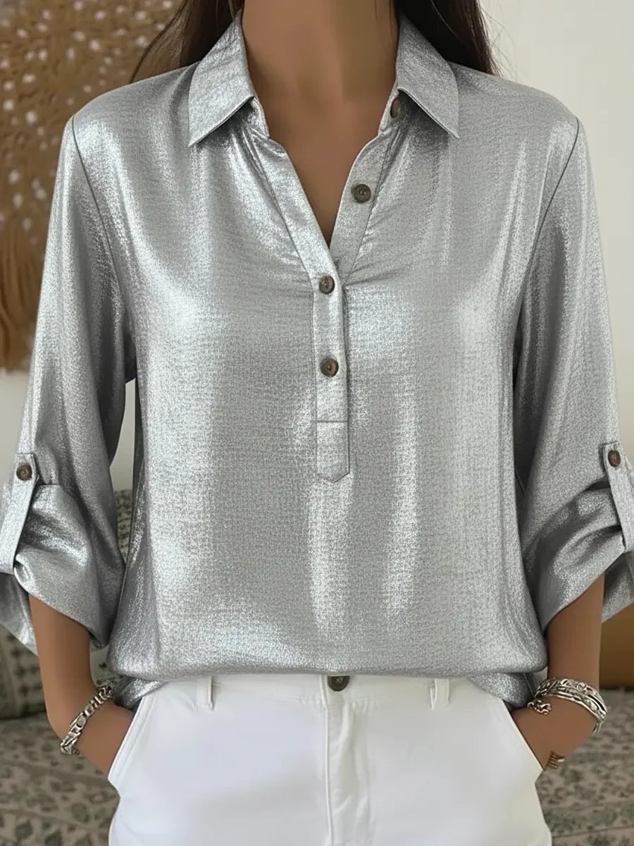 Damen Hemd Kurzarm Elegant Glitzer Effekt Eveloria