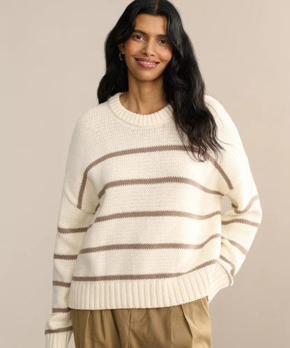 Damen Strickpullover Breite Streifen Rundhals weiß Eveloria