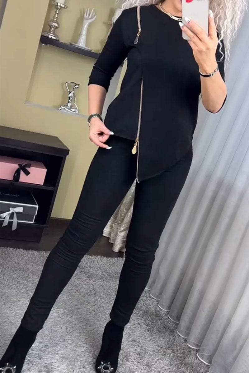 Damen Velours Loungewear Set Reißverschluss Anthrazit