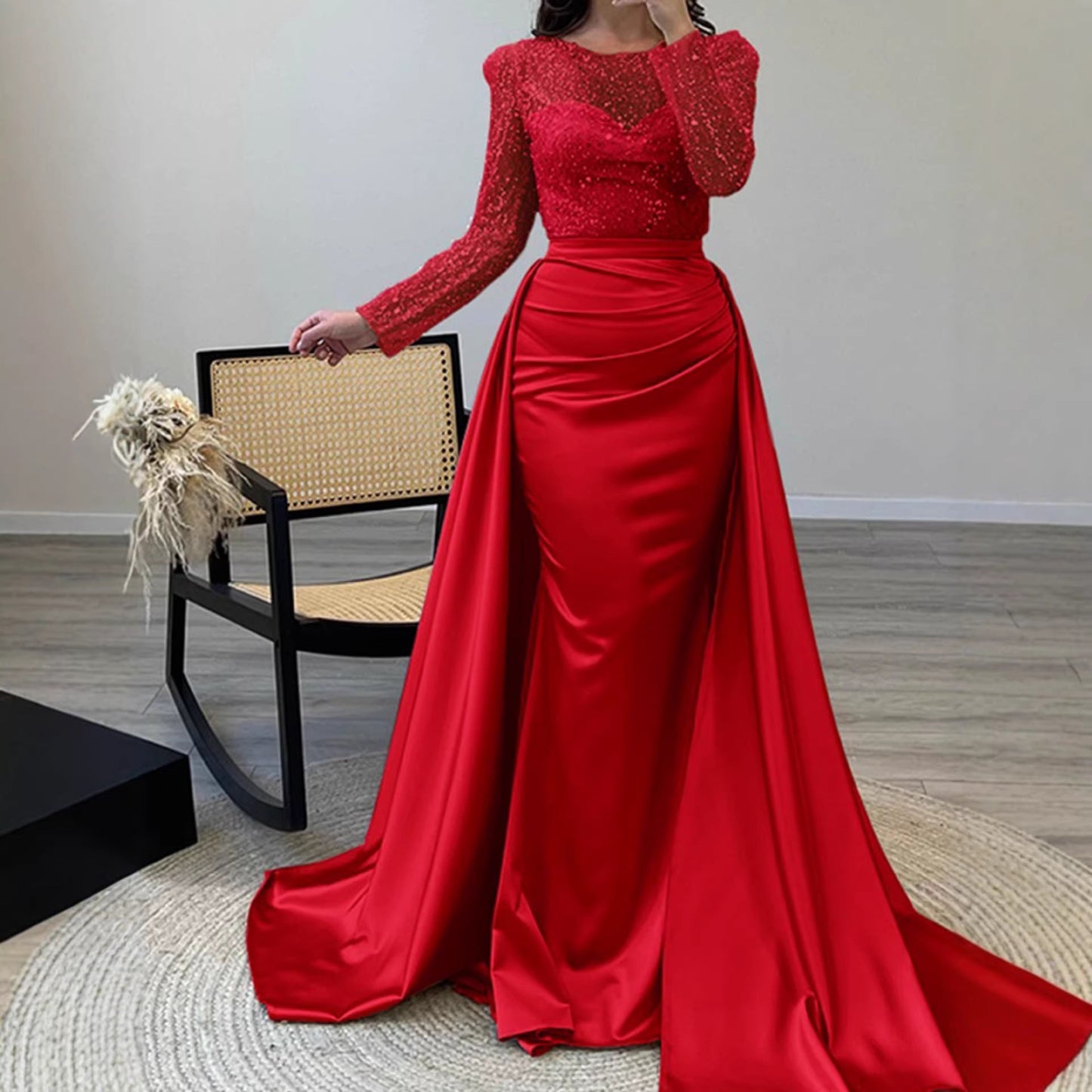 Damen Abendkleid Paillettenoberteil Satinrock Eveloria