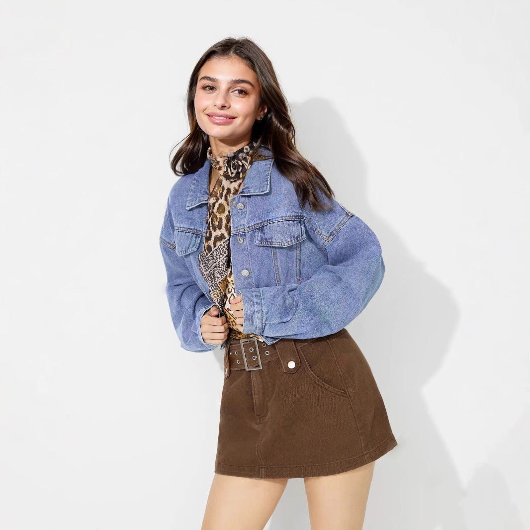 Damen Cropped Jeansjacke Voluminöse Ärmel Blau