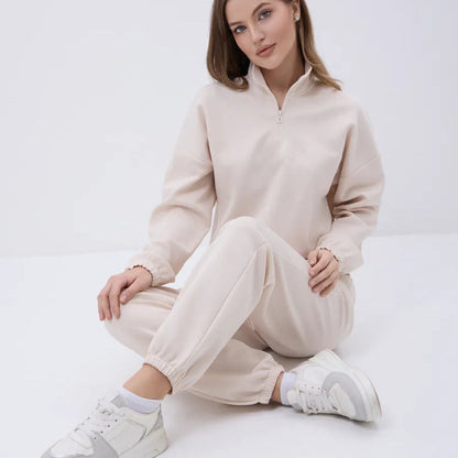 Damen Fleece-Jogginganzug Elastisch Halbzipp Reißverschluss Grau