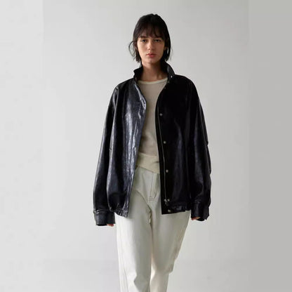 Damen Lederjacke Oversized mit Kragen und Knopfverschluss