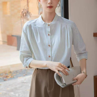 Damen Bluse Gestreift Stehkragen Elegante Weiß