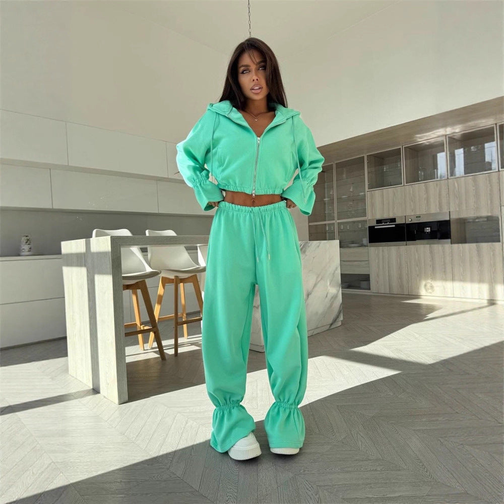 Damen Zwei-Teiler-Set Cropped Kapuzenpullover Weite Hose Eveloria